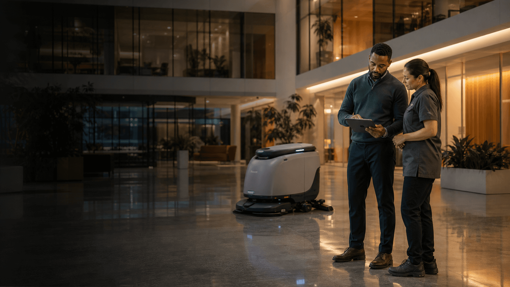 Facilities and janitorial leaders supervising an autonomous floor-cleaning robot in a warm commercial building lobby.