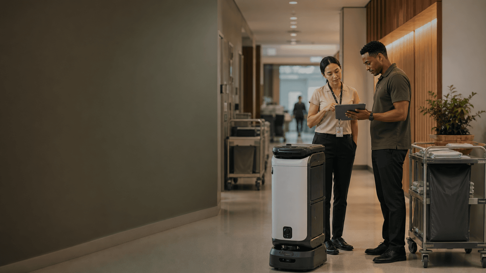 Hospital operations staff supervising a support robot in a warm hospital service corridor.