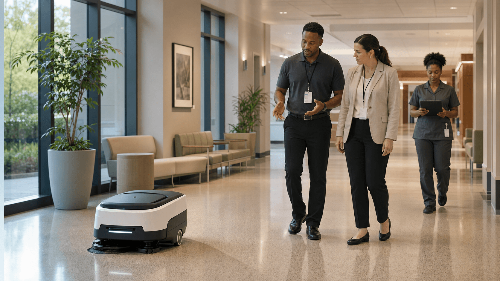 EVS staff supervising an autonomous floor-cleaning robot in a hospital public corridor.