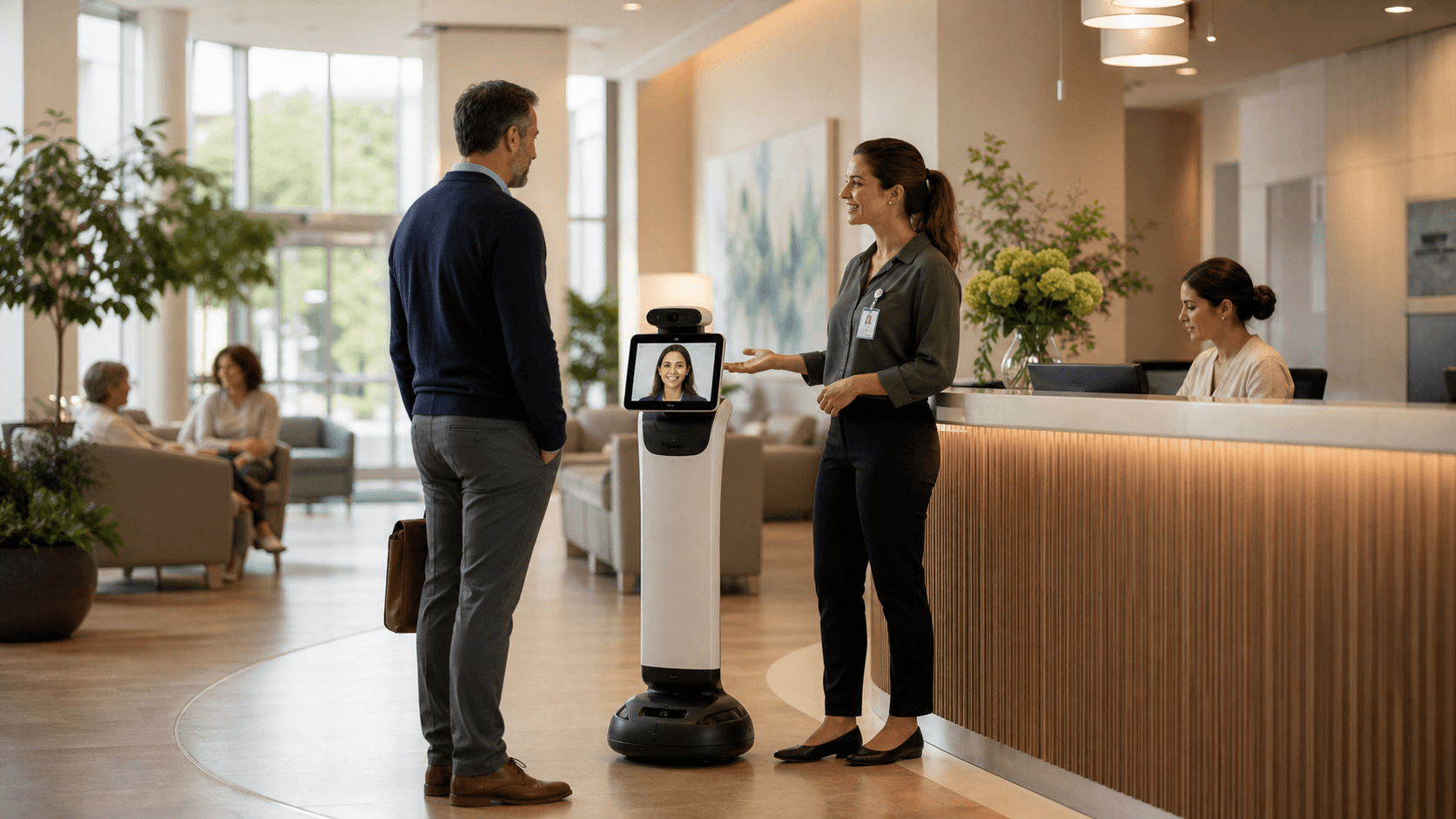 Hospital front-desk staff supervising a wayfinding robot in a calm visitor lobby.