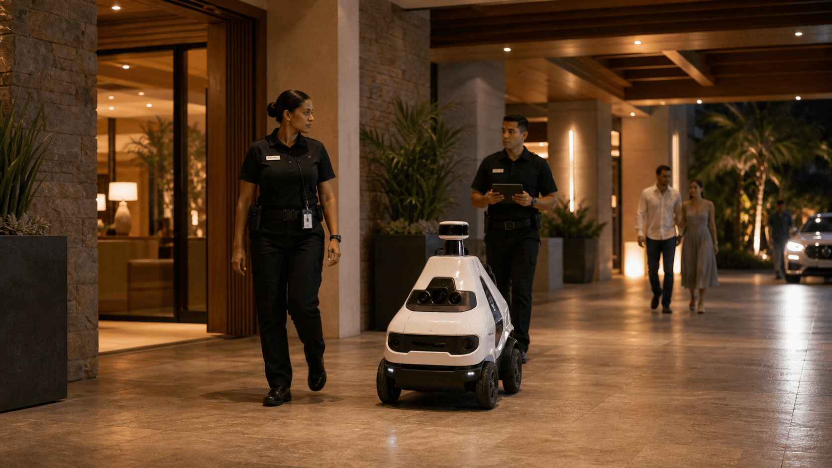 Hotel security team supervising a patrol robot near a warm resort entrance corridor.