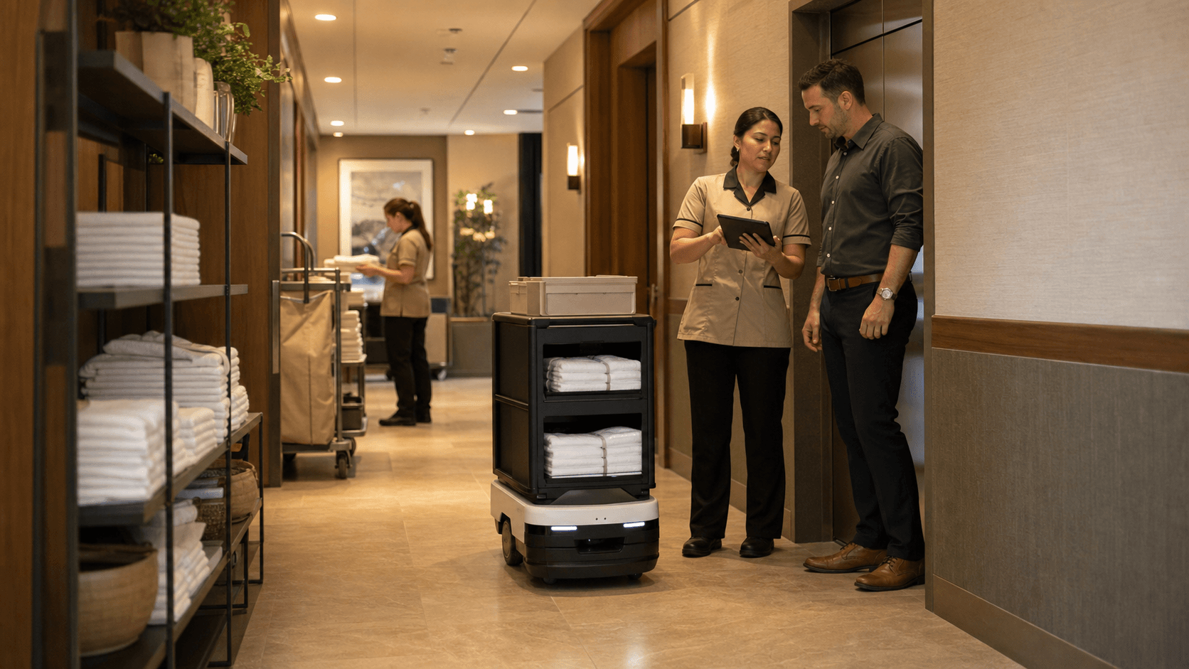 Hotel operations staff reviewing a back-of-house robot route beside a service elevator and linen storage.