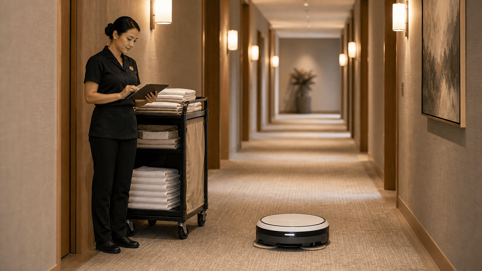 Housekeeping supervisor monitoring a low-profile floor-cleaning robot in a hotel guest-room hallway.