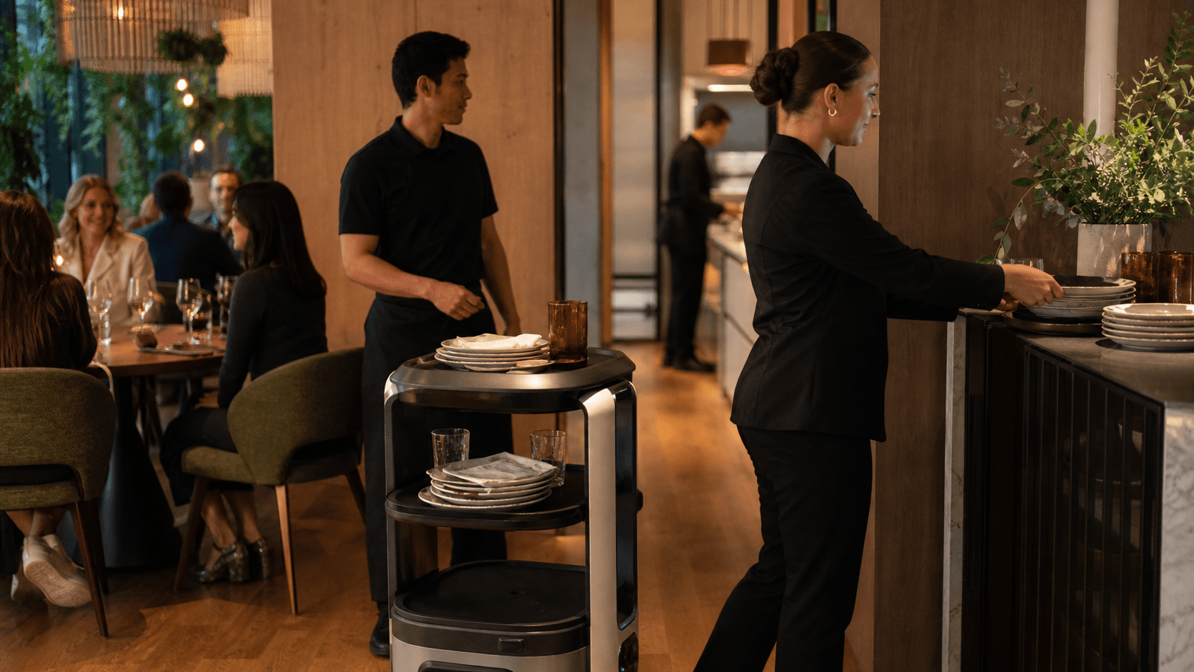 Front-of-house staff supervising a bussing robot carrying dishes toward a restaurant service station.