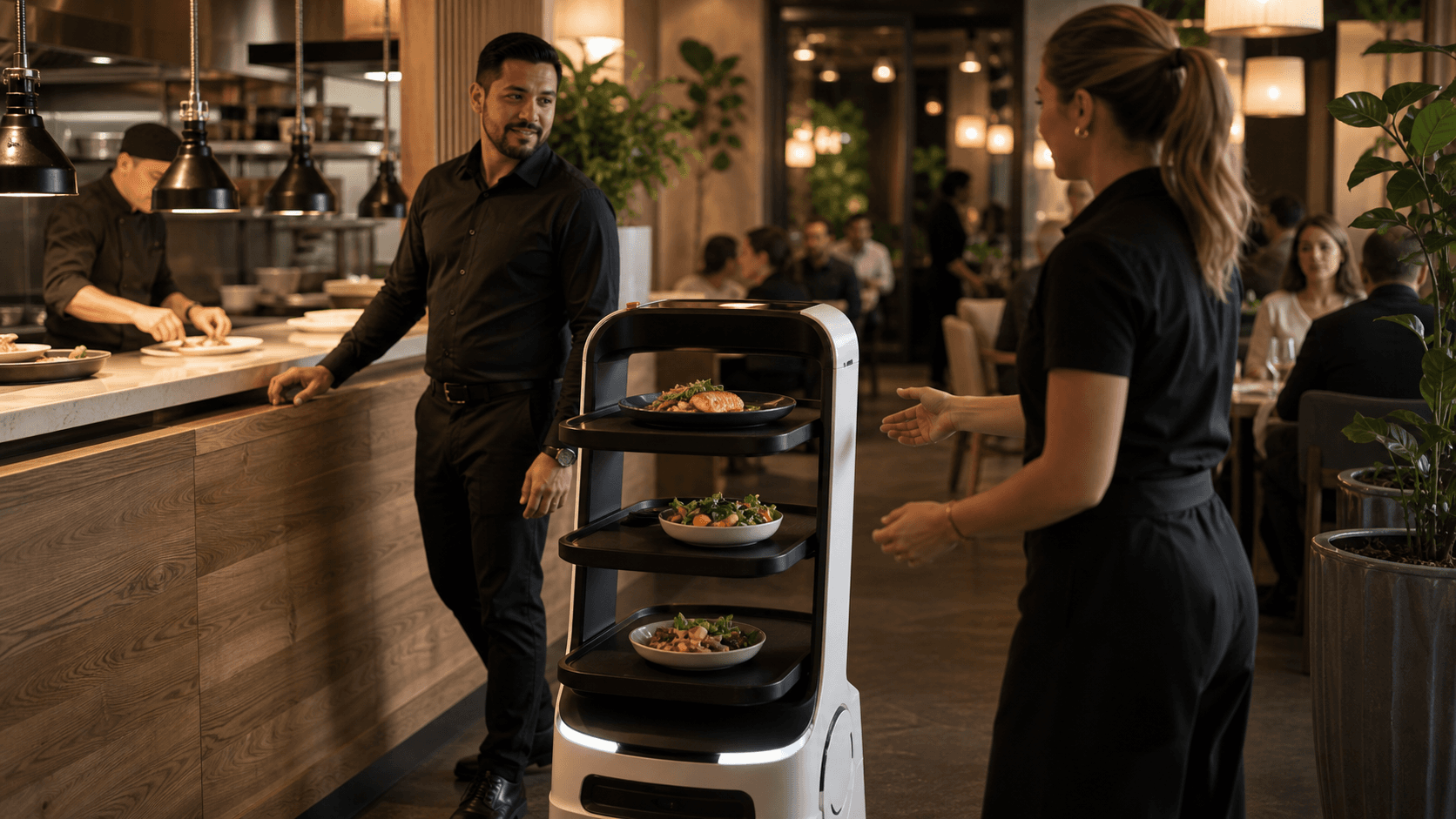 Restaurant staff supervising a tray robot carrying plated meals from the kitchen pass toward the dining room.