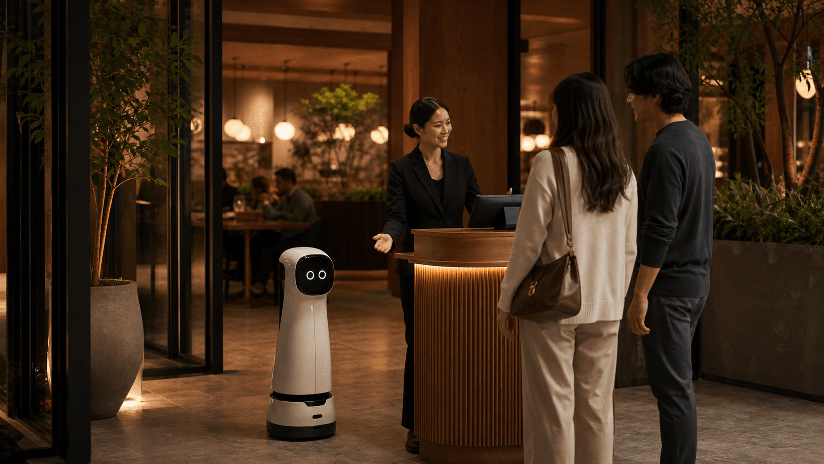 Restaurant host supervising a small guide robot near a warm entry and host stand.