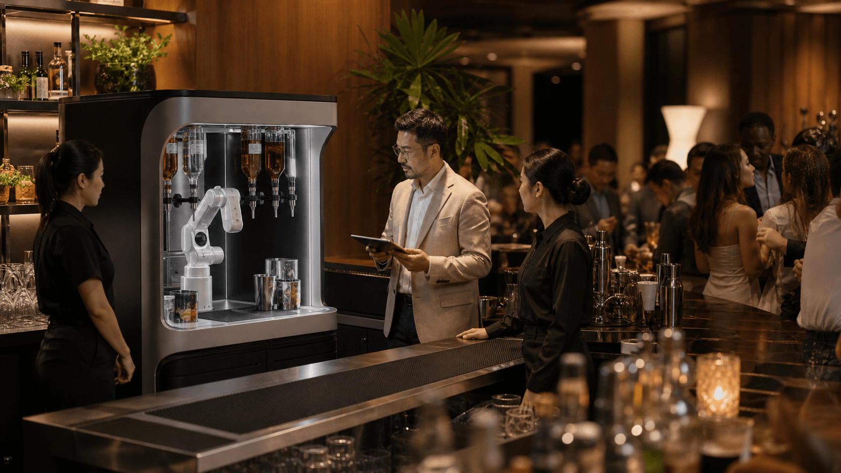 Bar manager supervising a beverage automation station in a warm high-volume venue bar.