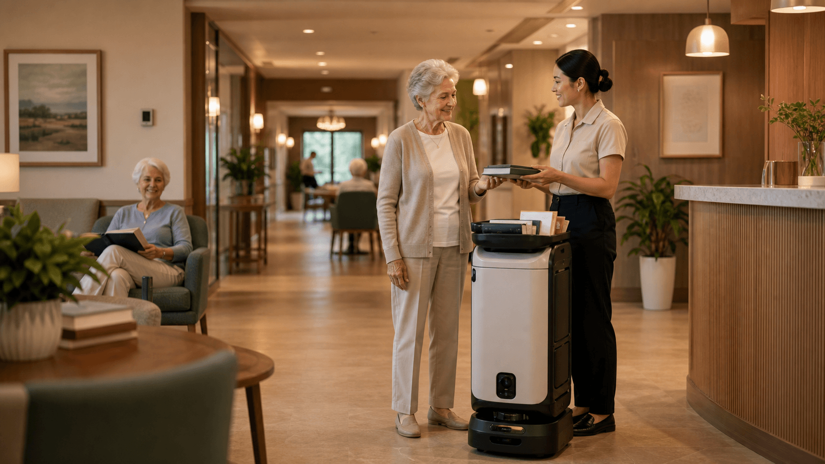 Senior living staff supervising a delivery robot carrying non-clinical personal items in a common corridor.