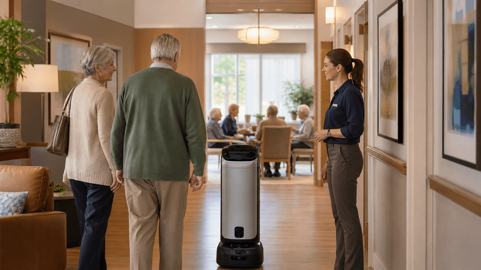 Activities director supervising a guide robot helping residents navigate toward a senior living activity space.