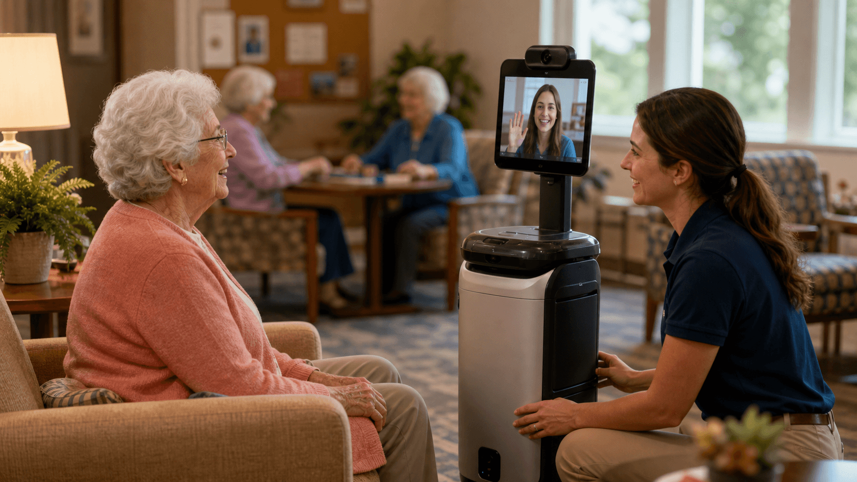 Activities staff supervising a telepresence robot connecting family with a senior living resident in a common lounge.